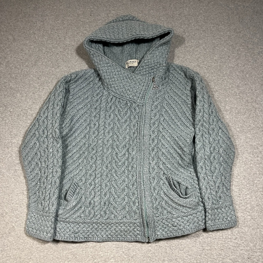 Blarney Woolen Mills Sweater Womens XL Blue Full Zip Hooded Merino Wool Ireland